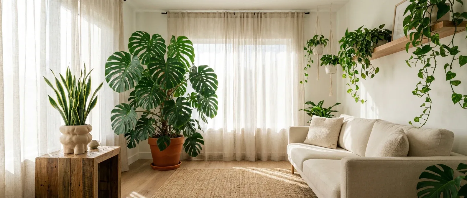 دکوراسیون پذیرایی مدرن و پرنور با انواع گیاهان آپارتمانی شامل مانسترا، سانسوریا و پتوس