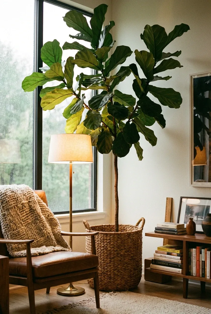 درختچه فیکوس لیراتا بزرگ در گلدان حصیری کنار صندلی راحتی، به عنوان نقطه کانونی دکوراسیون