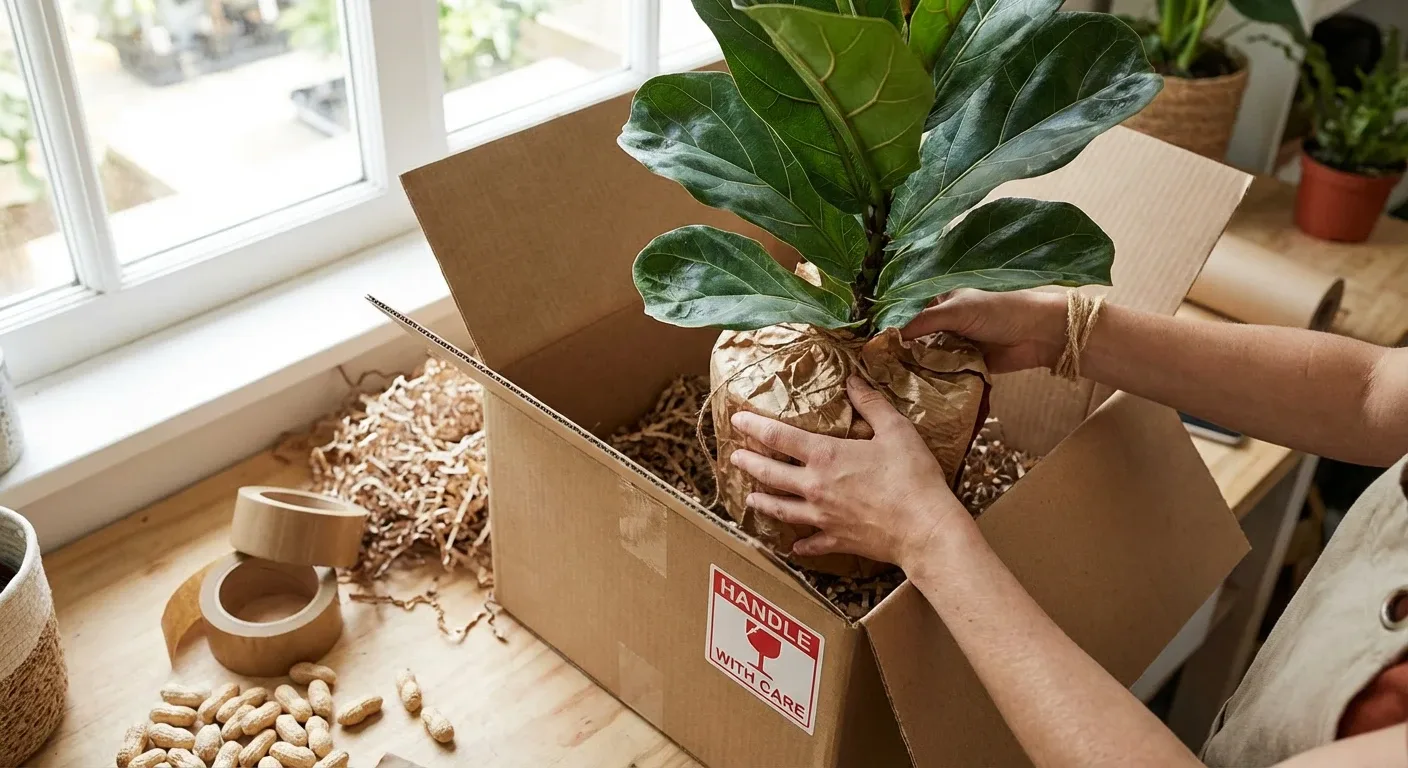 بسته‌بندی ایمن و حرفه‌ای گیاه آپارتمانی در کارتن مخصوص برای ارسال پستی بدون آسیب