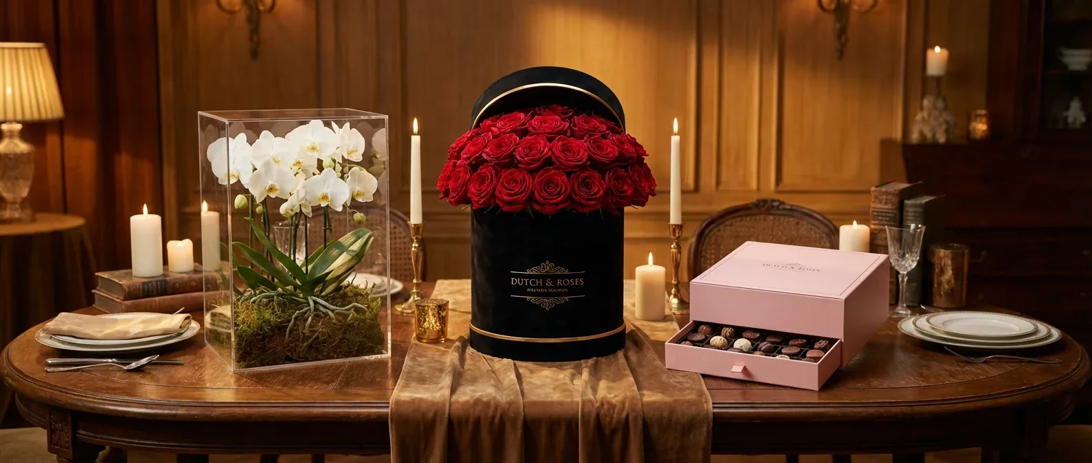 مجموعه‌ای از انواع باکس گل لوکس شامل باکس استوانه‌ای رز قرمز، باکس پلکسی ارکیده و باکس کشودار صورتی