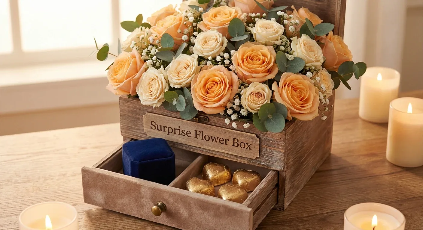 باکس گل سورپرایزی با کشوی باز که در آن جعبه جواهرات و شکلات قرار دارد، مناسب خواستگاری و تولد