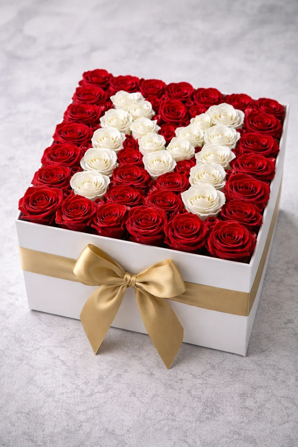 باکس گل حروف با رز قرمز و سفید که حرف اول اسم را نمایش می‌دهد، هدیه شخصی‌سازی شده ولنتاین