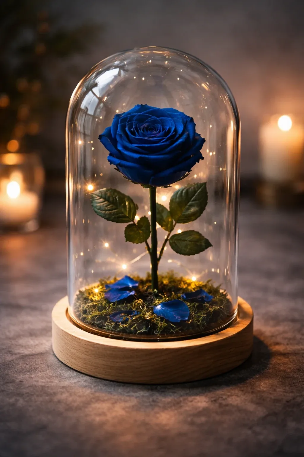 رز جاودان آبی رنگ داخل گنبد شیشه‌ای با نورپردازی ملایم، نماد عشق ماندگار و هدیه خاص