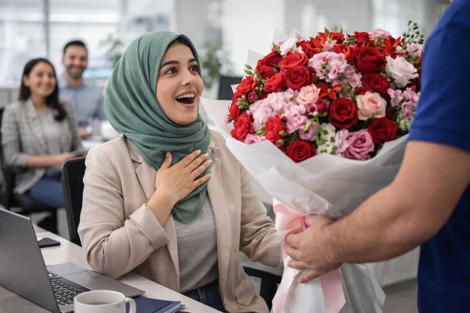 لحظه سورپرایز شدن زن جوان در محل کار هنگام دریافت دسته گل بزرگ ولنتاین از پیک