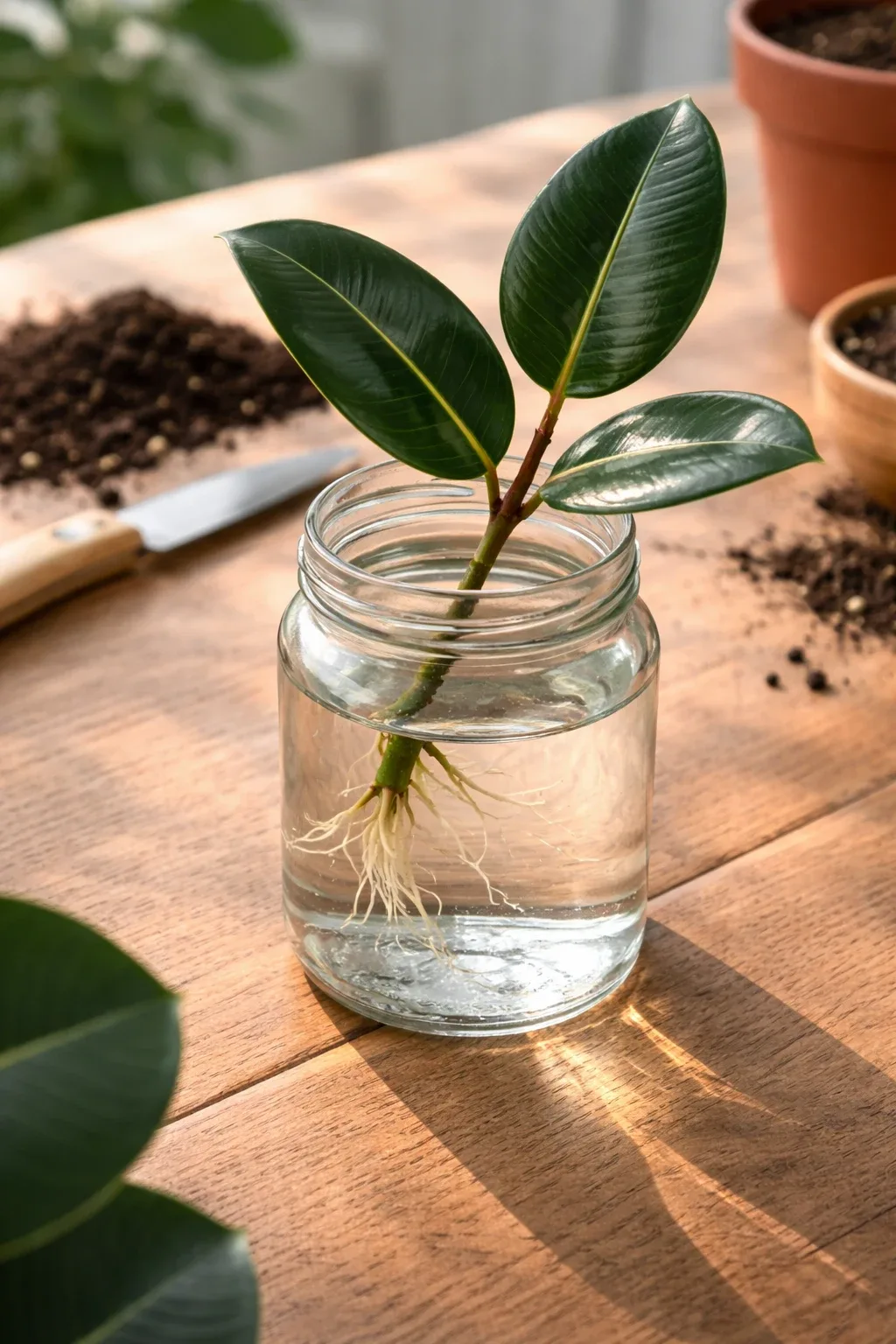 تمیز کردن و براق کردن برگ‌های فیکوس الاستیکا با دستمال مرطوب و اسپری آب