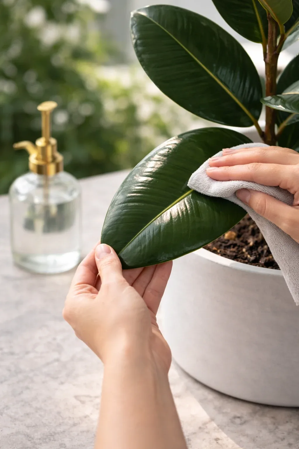 قلمه ساقه فیکوس الاستیکا در شیشه آب برای ریشه‌دار شدن و تکثیر گیاه.