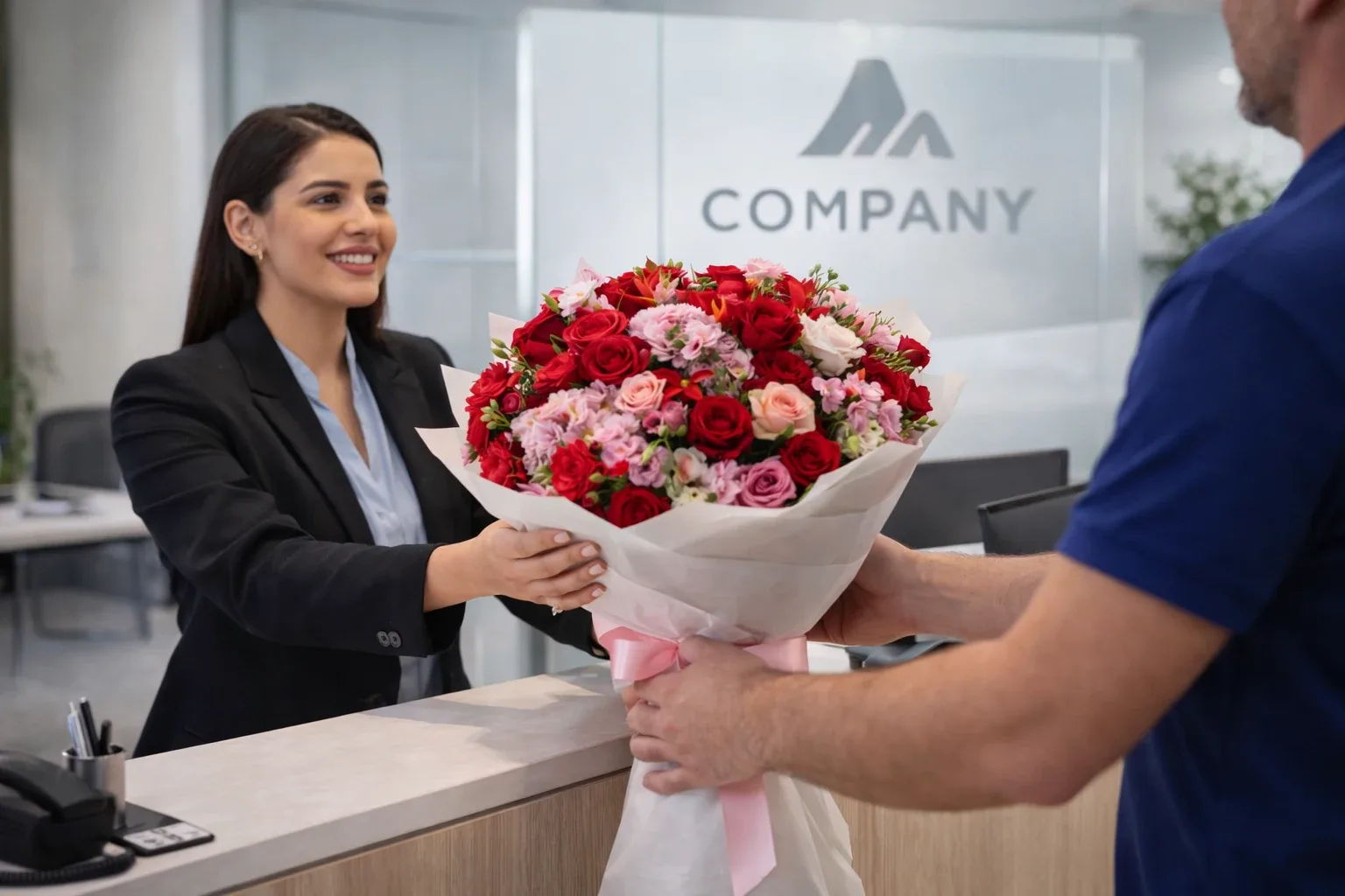 تحویل دسته گل به منشی در میز پذیرش شرکت، روشی رسمی و محترمانه برای ارسال گل به محل کار