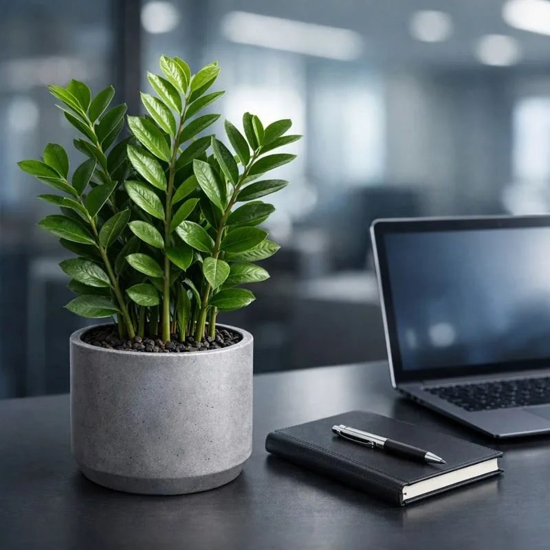 گیاه زامیفولیا در گلدان بتنی روی میز کار، بهترین گزینه برای هدیه اداری و رسمی