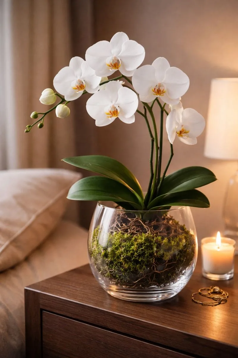 گلدان ارکیده سفید لوکس در فضای رمانتیک، نماد عشق و زیبایی برای هدیه دادن