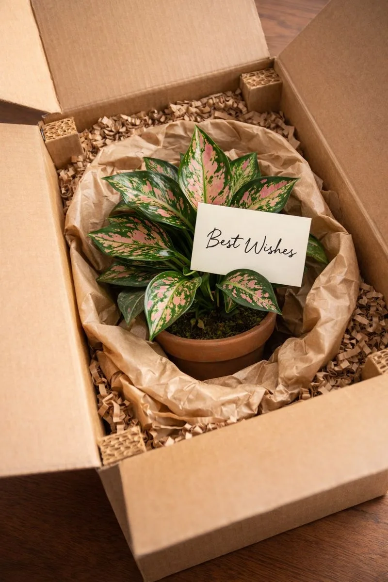 بسته‌بندی ایمن گیاه آپارتمانی آگلونما در جعبه ارسال همراه با کارت تبریک، آماده تحویل