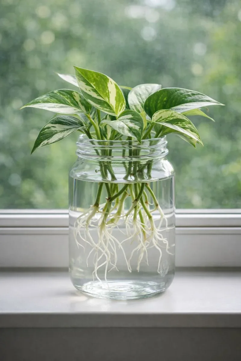 قلمه‌های پتوس در شیشه آب با ریشه‌های تازه، روش تکثیر آسان گیاه آپارتمانی