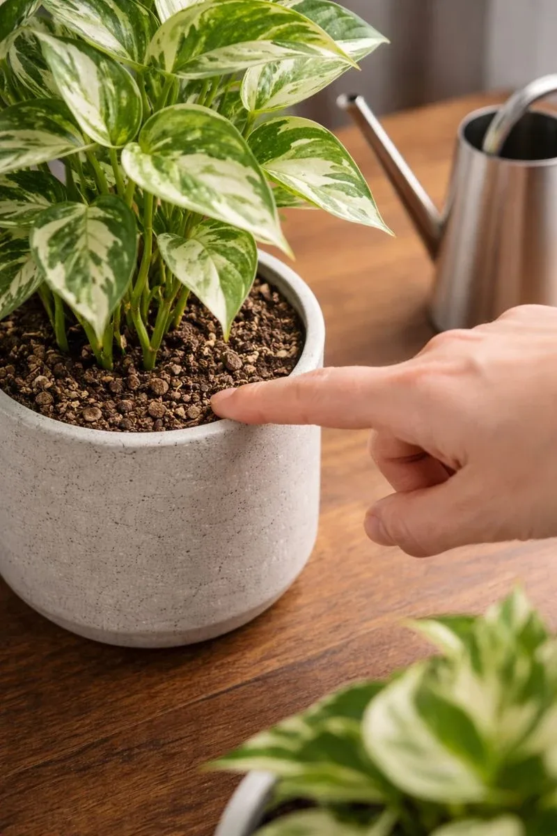 تست رطوبت خاک گلدان پتوس با انگشت قبل از آبیاری، نکته کلیدی در نگهداری گیاه