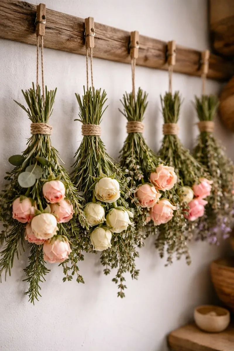 دسته‌های گل رز و گیاهان معطر آویزان شده به صورت وارونه برای خشک شدن به روش جریان هوا.