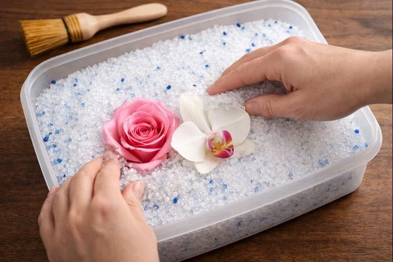 قرار دادن گل رز و ارکیده داخل ظرف حاوی سیلیکا ژل برای خشک کردن و حفظ رنگ و فرم طبیعی