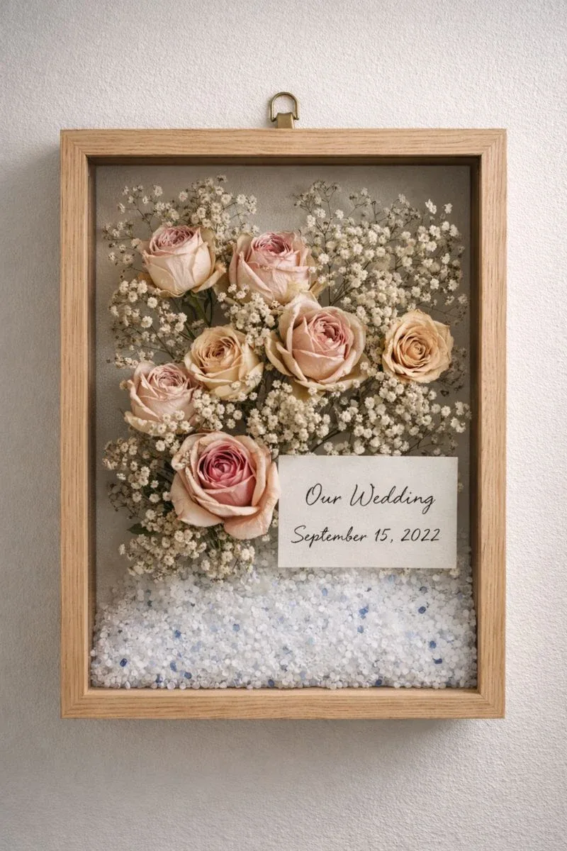 تابلو قاب سایه‌ای (Shadow Box) حاوی گل‌های خشک شده دسته گل عروسی و یادداشت تاریخ مراسم، ایده دکوراتیو