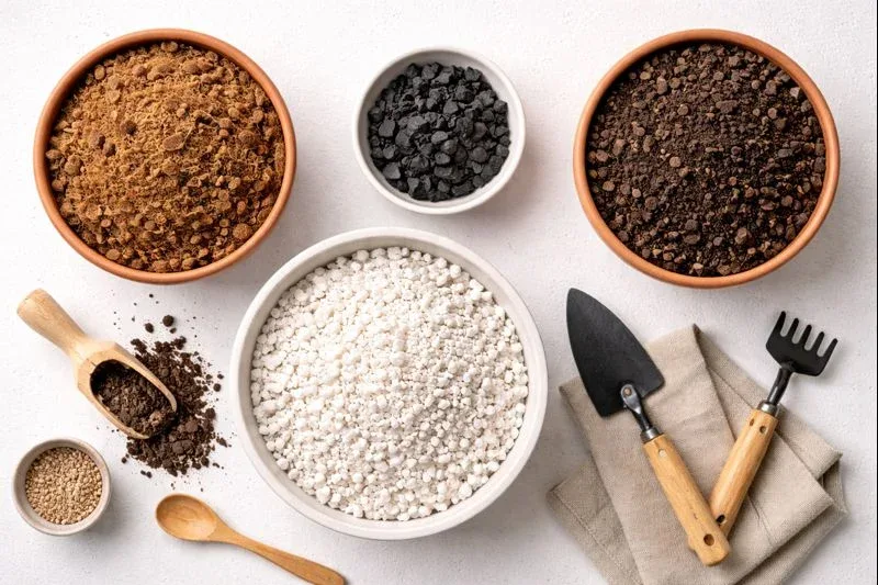 ترکیب استاندارد خاک گلدان شامل پیت ماس یا کوکوپیت، پرلیت و ورمی‌کمپوست