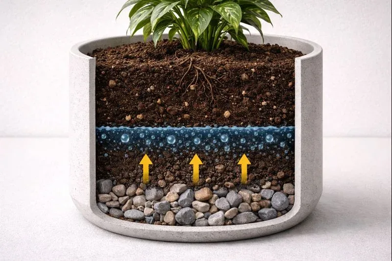 ریختن سنگریزه کف گلدان بدون سوراخ زهکشی مشکل را حل نمی‌کند و خاک باتلاقی می‌شود