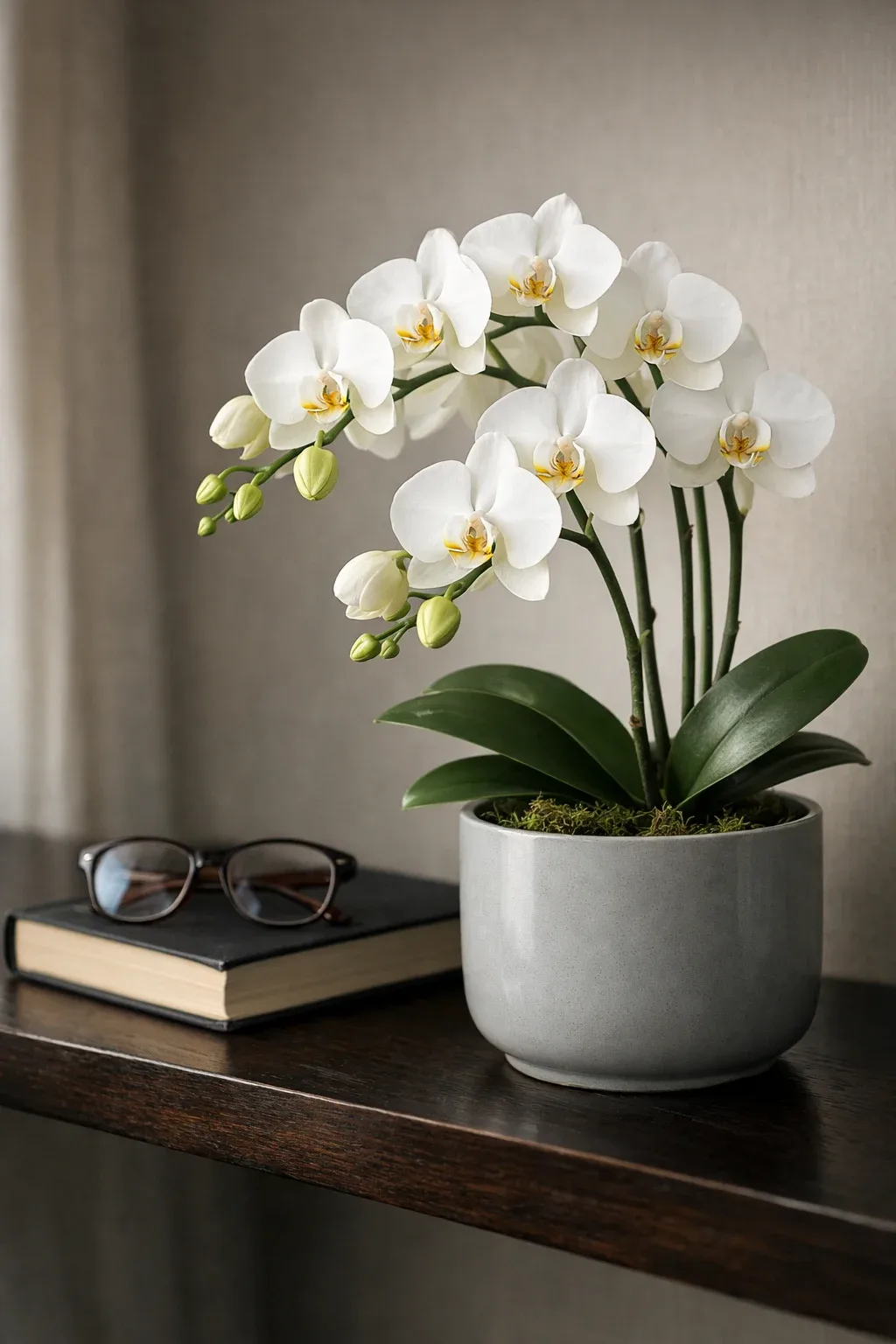 گلدان ارکیده سفید لوکس در دکوراسیون مردانه، هدیه‌ای رسمی و باوقار برای روز پدر