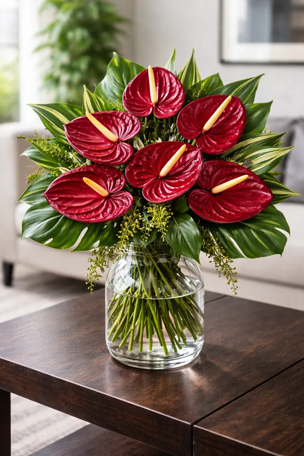 چیدمان گل آنتوریوم قرمز با برگ‌های سبز تیره، انتخابی مردانه و شیک برای هدیه روز پدر