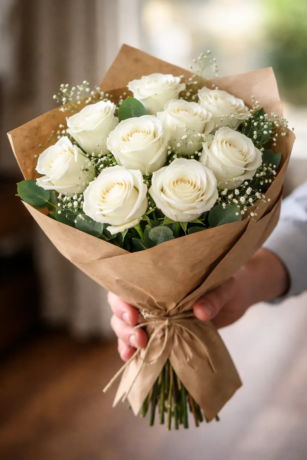 دسته گل رز سفید با کاغذپیچی ساده و شیک، نماد احترام و قدردانی برای تبریک روز پدر