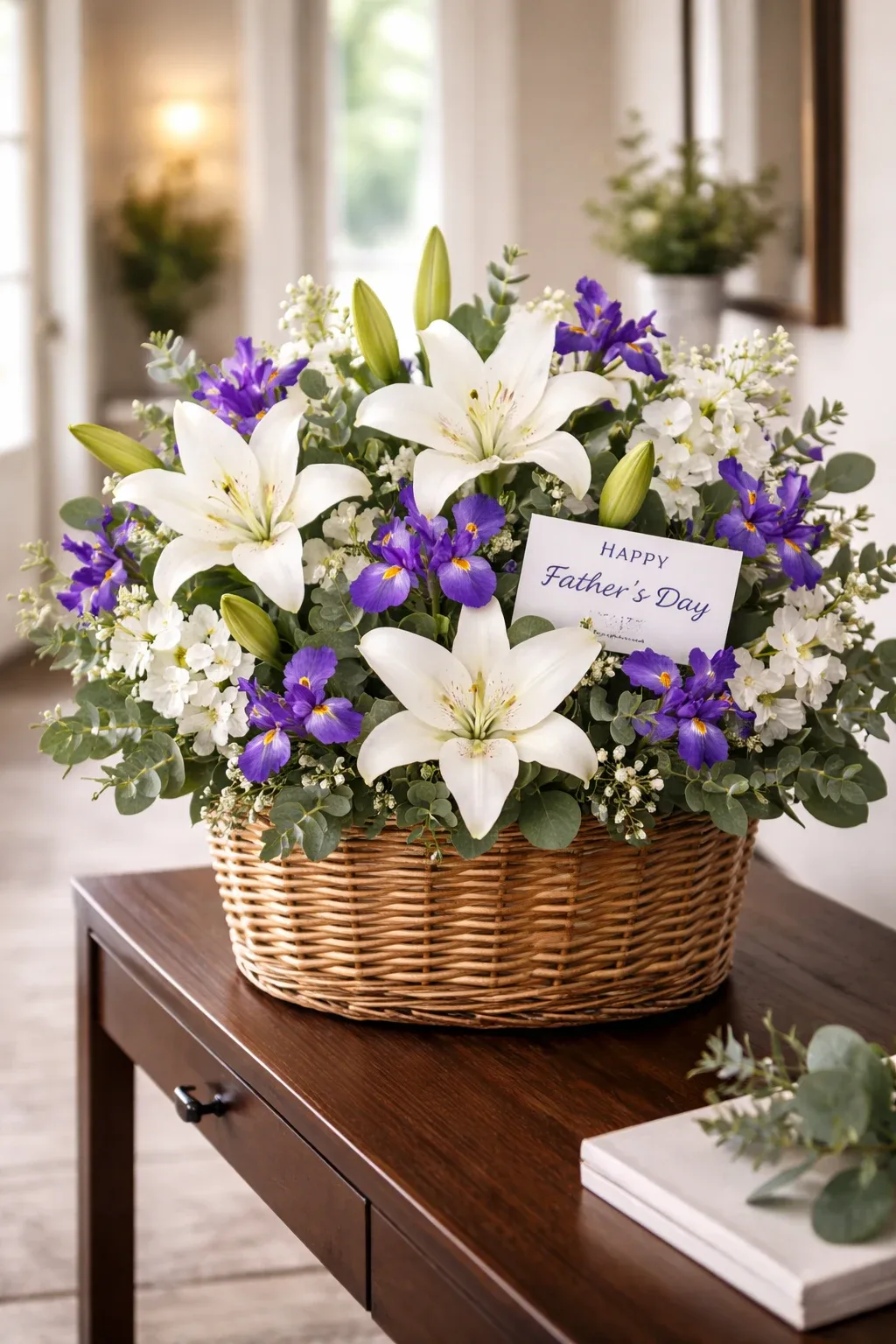 سبد گل رسمی و بزرگ شامل لیلیوم سفید و زنبق بنفش، مناسب برای تبریک روز پدر از طرف خانواده