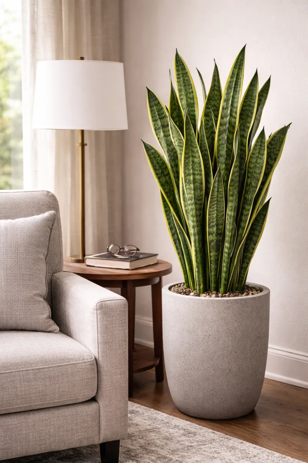 گیاه آپارتمانی سانسوریا در گلدان شیک کنار صندلی راحتی، هدیه‌ای ماندگار برای پدر