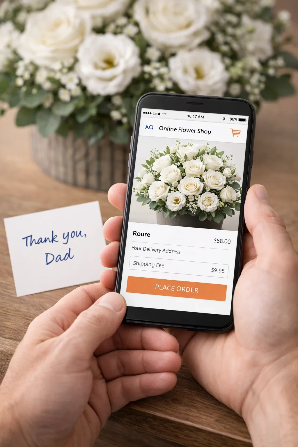 ثبت سفارش آنلاین گل برای روز پدر با موبایل و کارت تبریک دست‌نویس با متن تشکر