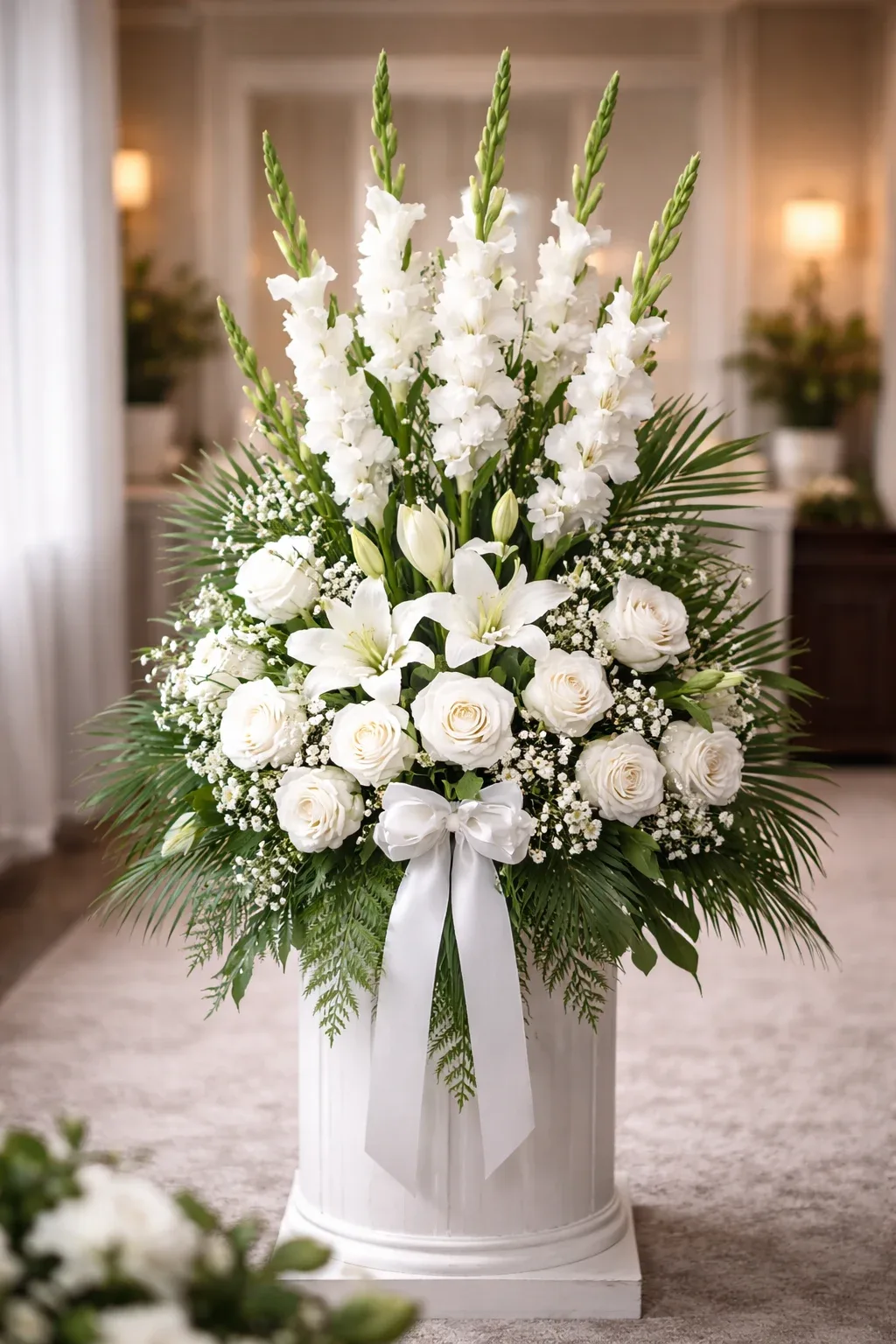 شاخه‌های گلایل سفید در چیدمان رسمی، نماد ادای احترام و یادبود برای پدر فوت شده