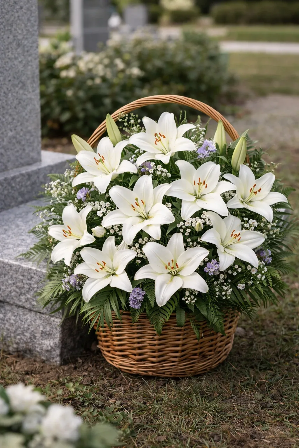 سبد گل رسمی شامل لیلیوم سفید و برگ‌آرایی سبز، مناسب برای یادبود خانوادگی سر مزار