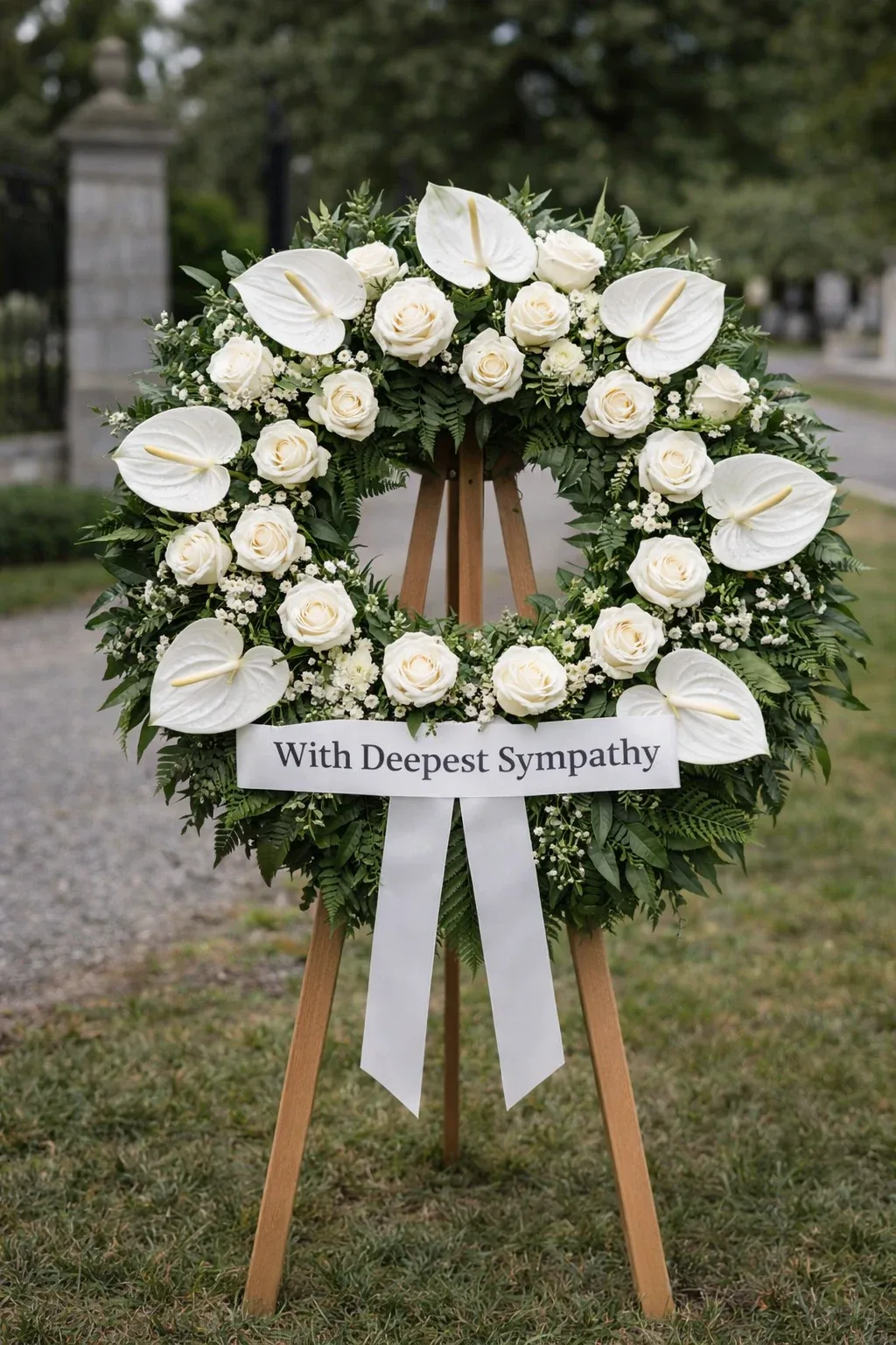 تاج گل ترحیم شیک با آنتوریوم و رز سفید، مناسب برای ادای احترام جمعی و رسمی به پدر