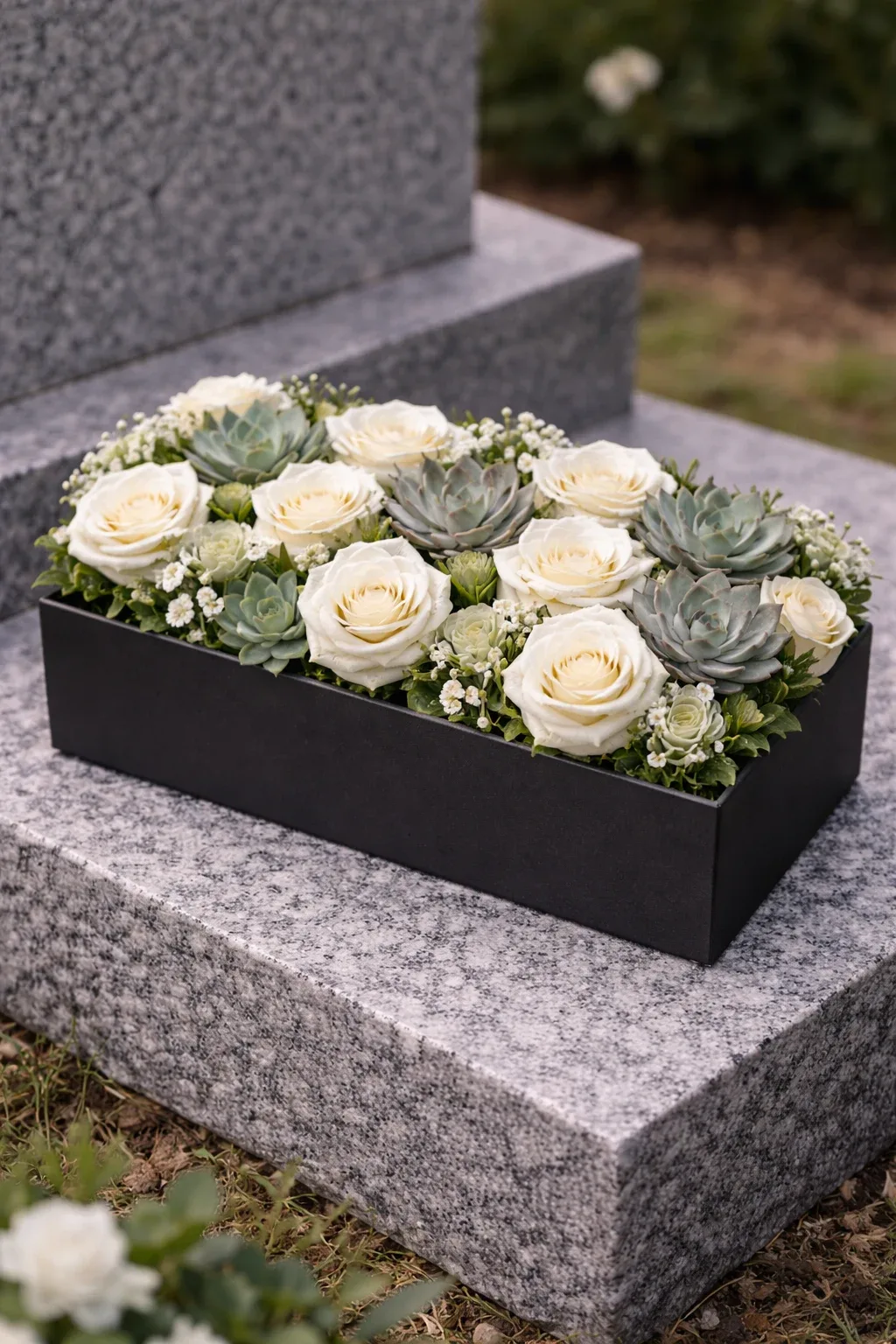 سبد گل رسمی شامل لیلیوم سفید و برگ‌آرایی سبز، مناسب برای یادبود خانوادگی سر مزار