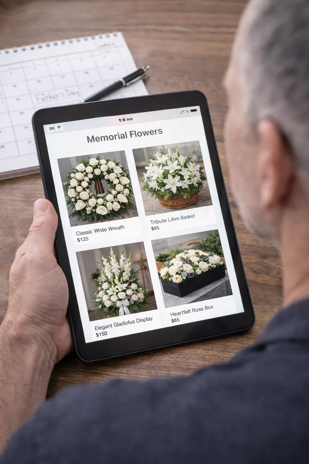 فرد در حال انتخاب و سفارش آنلاین گل یادبود برای روز پدر از طریق تبلت