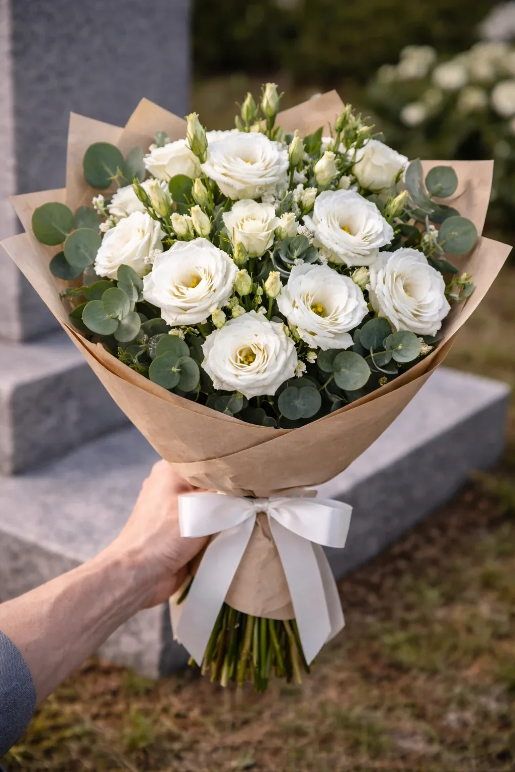 دسته گل با ترکیب رنگ سفید و سبز تیره شامل لیسیانتوس و اکالیپتوس، نماد وقار و آرامش.