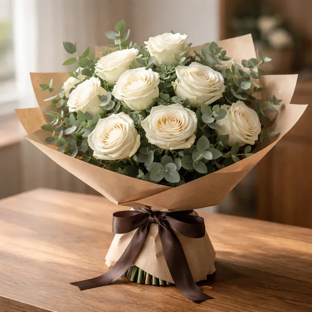 ترکیب کلاسیک سفید-سبز: رز سفید، اکالیپتوس و رُسکوس در دسته‌گل مینیمال