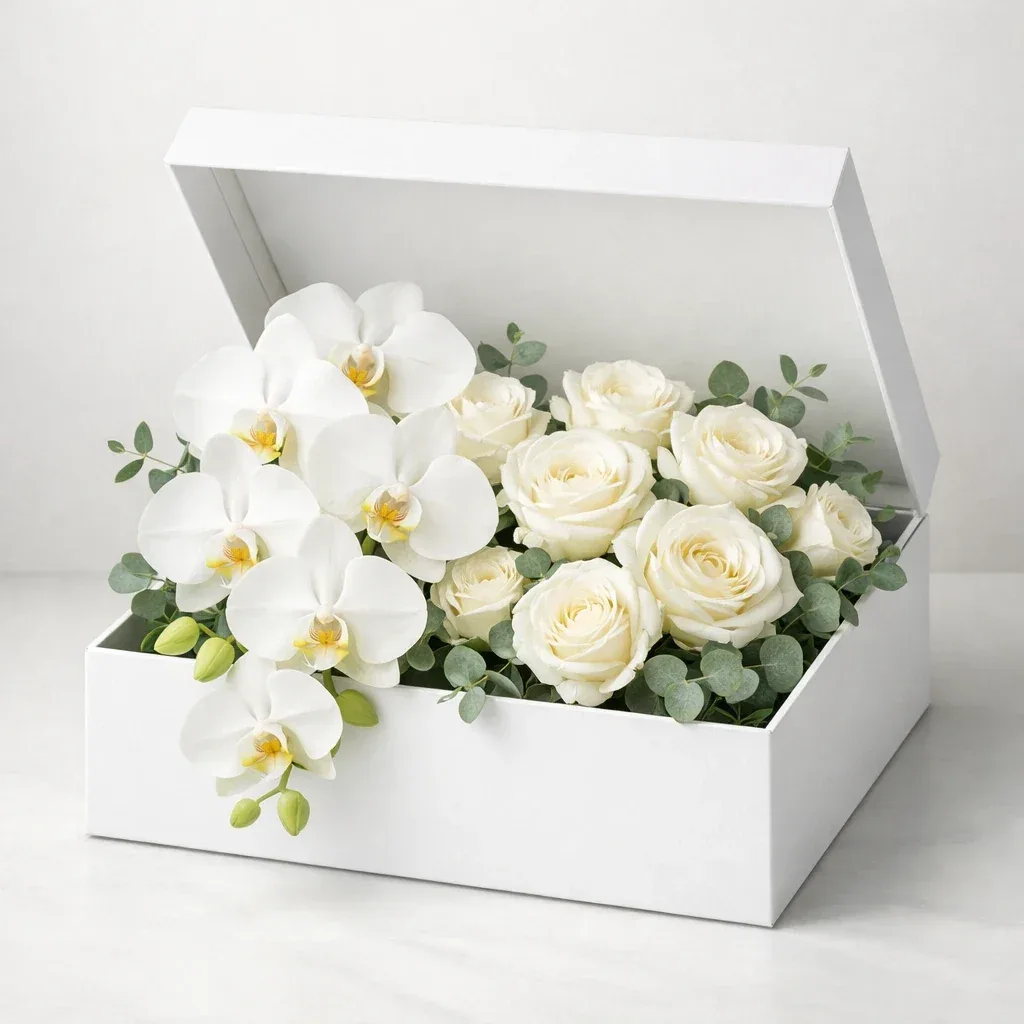 باکس گل لوکس با ارکیده سفید و رز سفید، مناسب هدیه رسمی