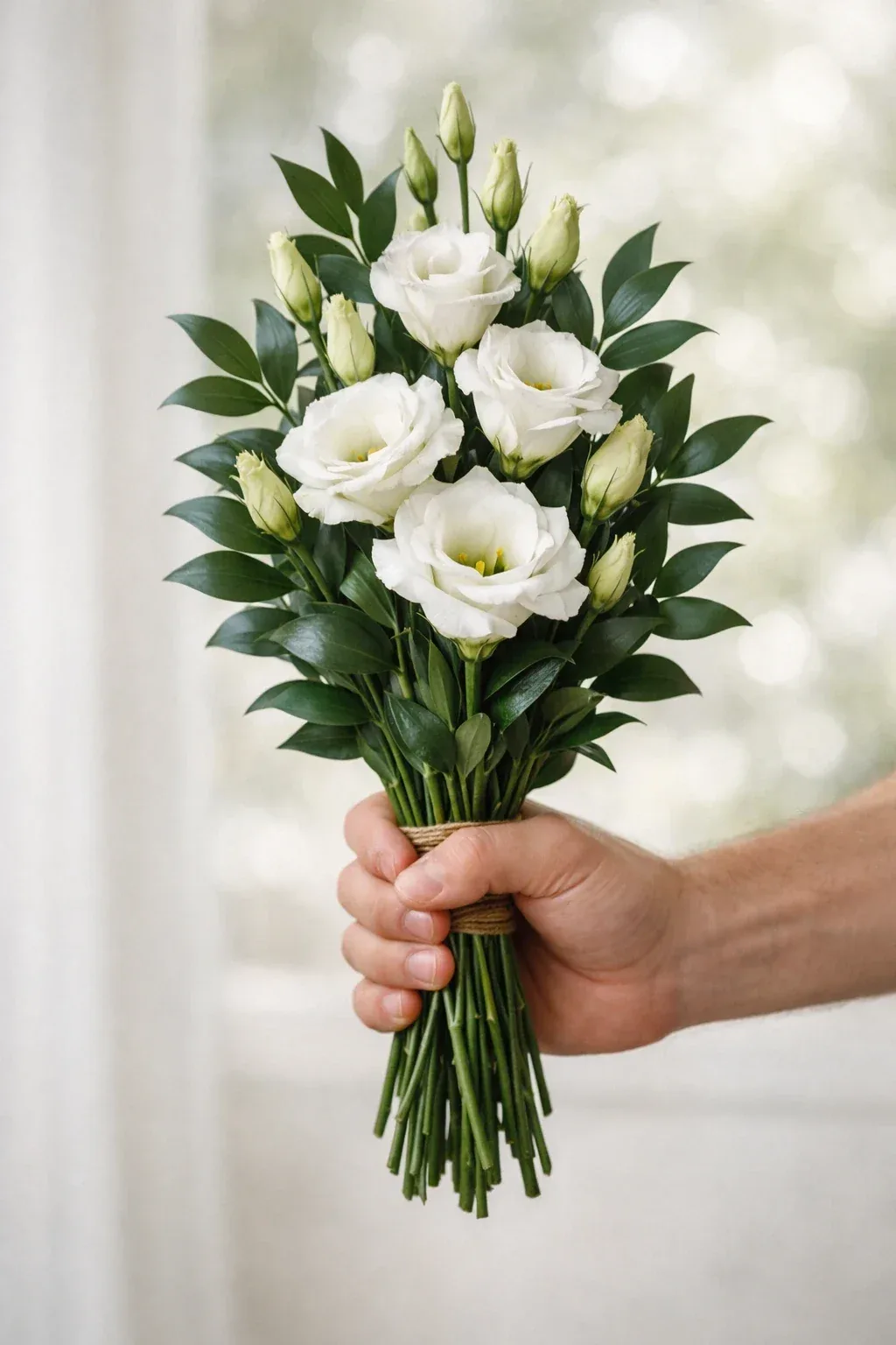 دسته‌گل عمودی مینیمال با لیسیانتوس سفید و رُسکوس، مناسب پدرهای ساده‌پسند