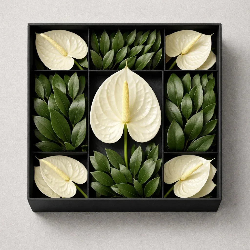 باکس گل رسمی با آنتوریوم سفید/کرم و رُسکوس، مناسب هدیه مدیریتی