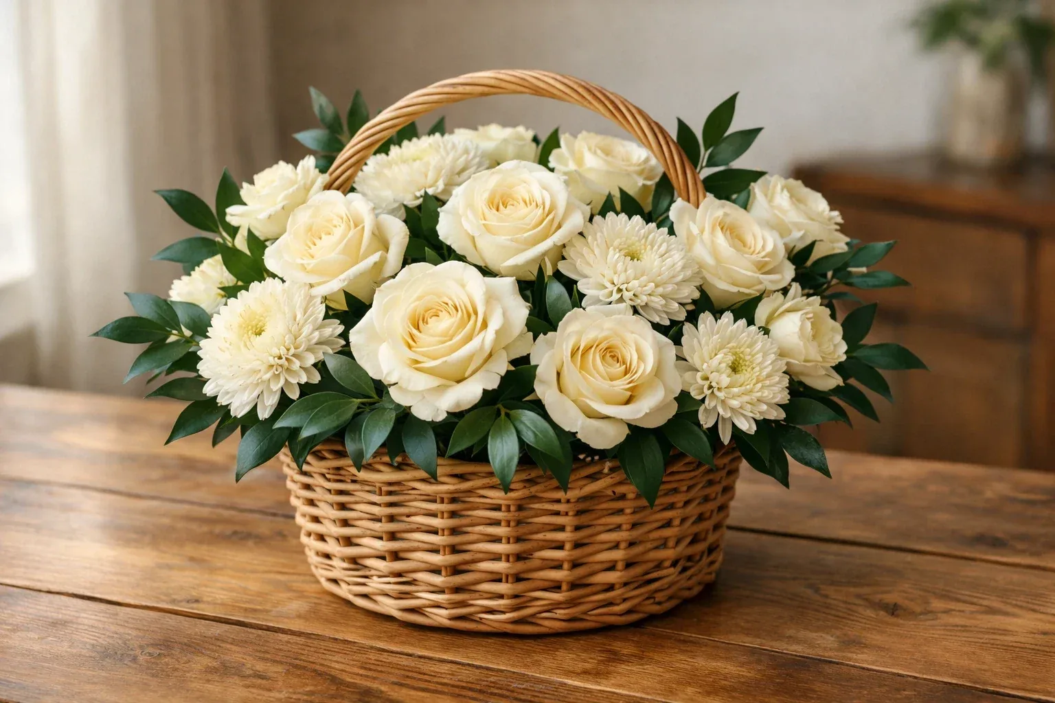 سبد گل با ترکیب کرم-سبز پرگل اما مردانه، مناسب هدیه خانوادگی