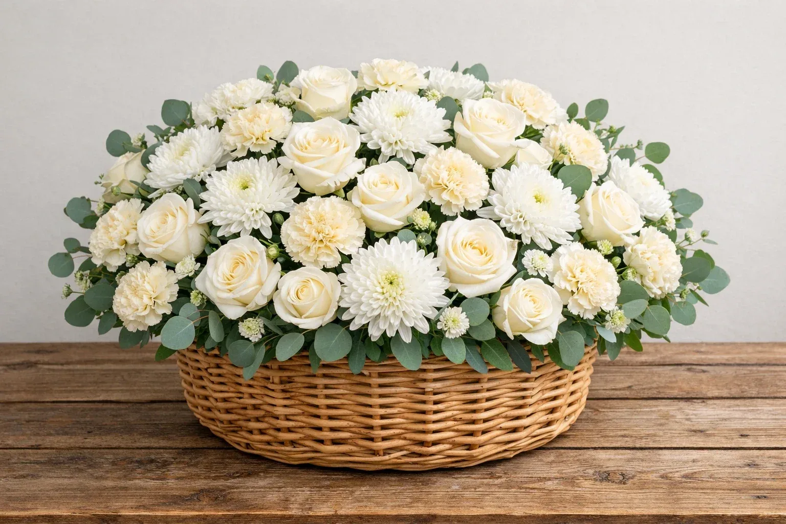 سبد گل بزرگ با ترکیب سفید-سبز پرحجم و اقتصادی، مناسب سفارش‌های پرتعداد